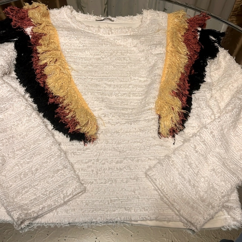 Zara Trafaluc White Fringe Sweater medium
